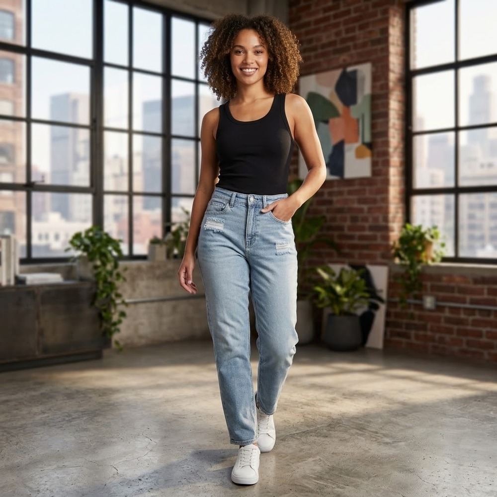 Grunge American Eagle Y2K Wms 8 Regular Ripped Baggy Mom Jeans Light Wash Denim